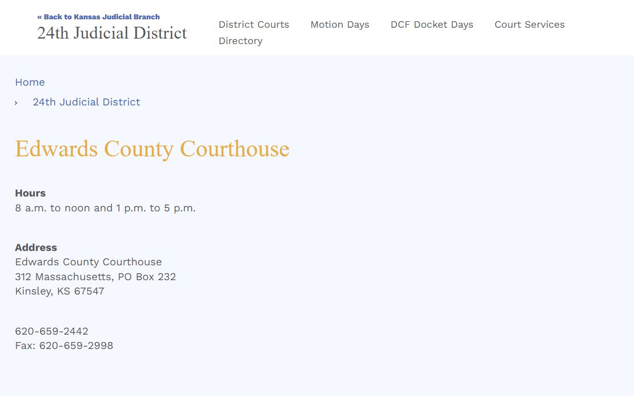 Kansas courts Edwards County Courthouse page with address and hours