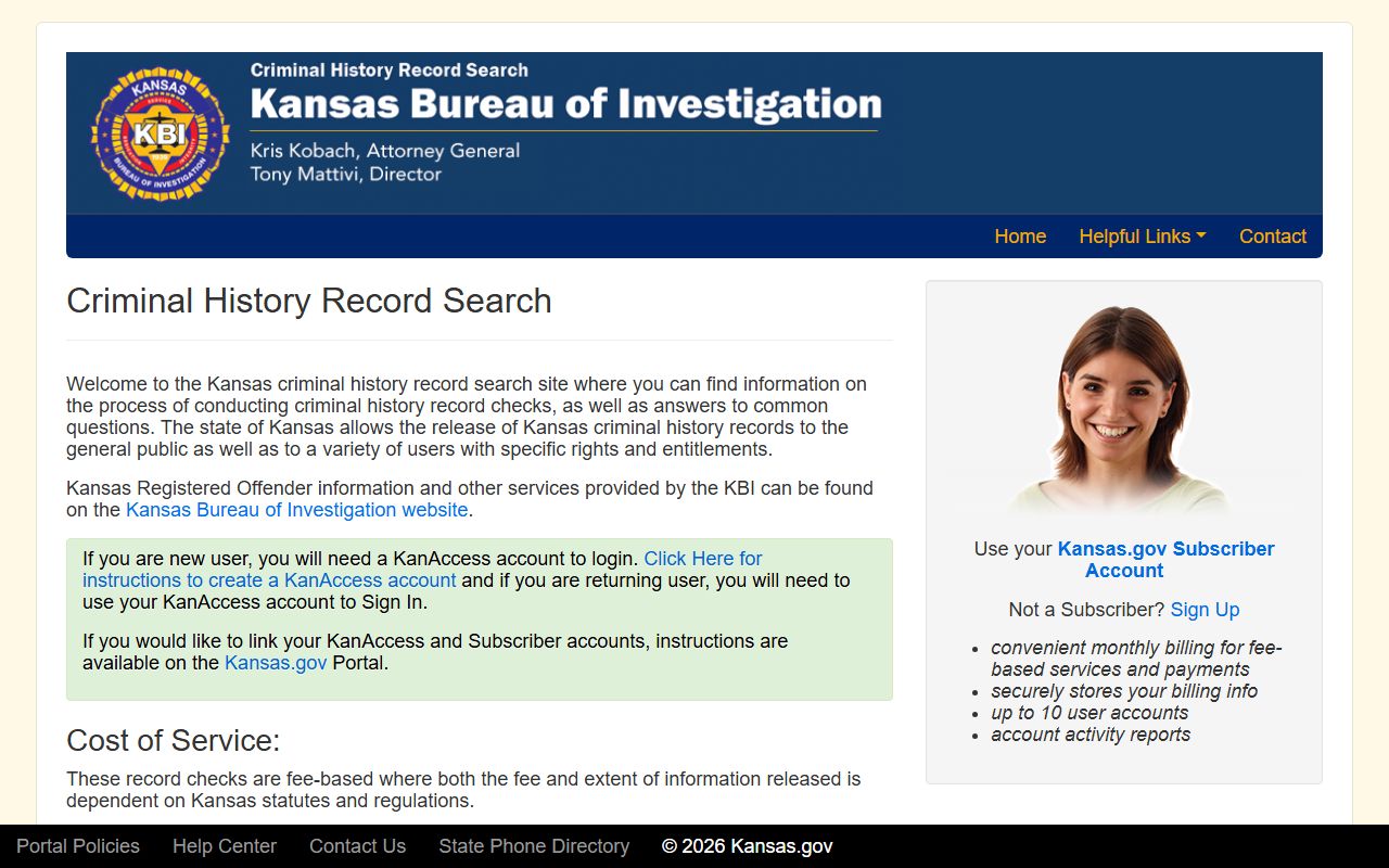 Kansas criminal history search page showing login, fee, and availability